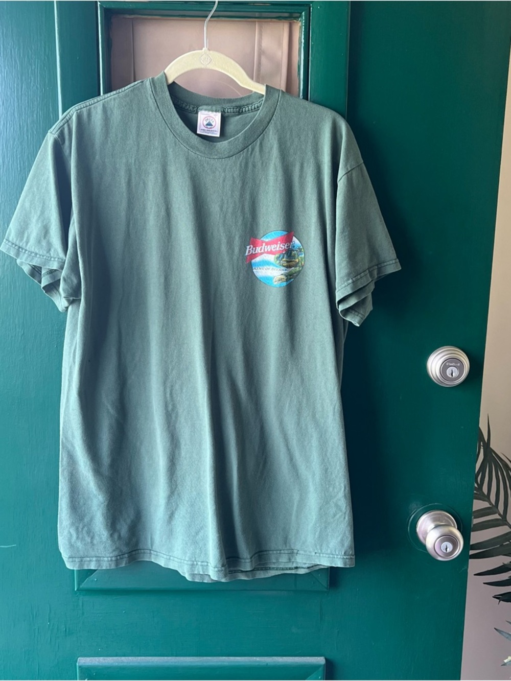 Budweiser Sage Green Tee with Red Logo and Blue Circle Frog Graphic